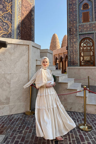 Jan Jan Saten Katlı Elbise Bej