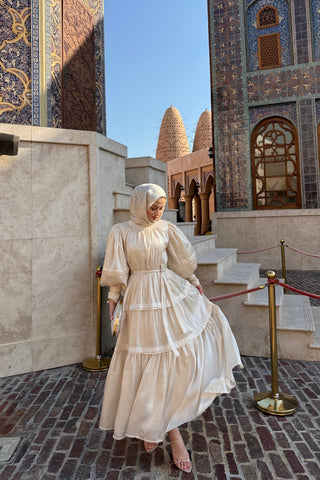 Jan Jan Saten Katlı Elbise Bej