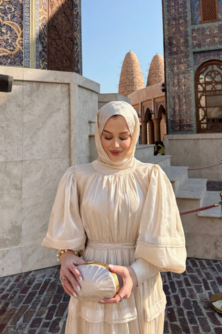 Jan Jan Saten Katlı Elbise Bej