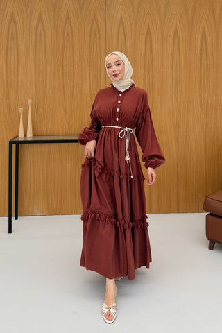 Bel Büzgülü Püskül Detaylı Elbise Kiremit