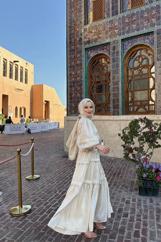 Jan Jan Saten Katlı Elbise Bej