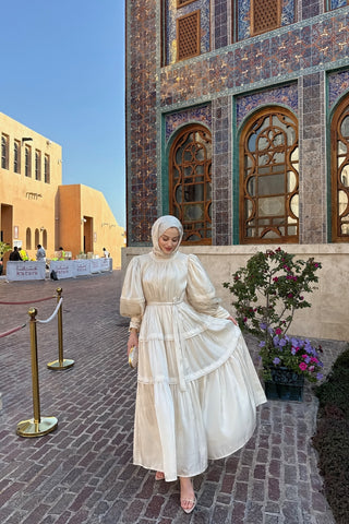 Jan Jan Saten Katlı Elbise Bej