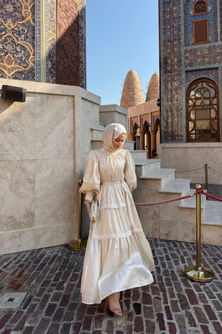 Jan Jan Saten Katlı Elbise Bej