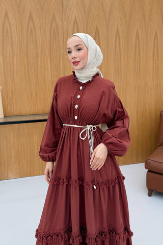Bel Büzgülü Püskül Detaylı Elbise Kiremit