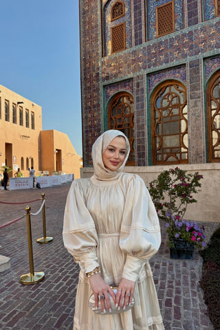 Jan Jan Saten Katlı Elbise Bej