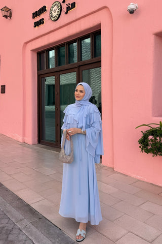 Robadan Fırfır Detaylı Biye Kemerli Şifon Elbise Mavi