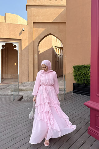 Reglan Kollu Eteği Kat Volanlı Şifon Elbise Pembe