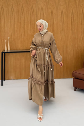 Bel Büzgülü Püskül Detaylı Elbise Camel