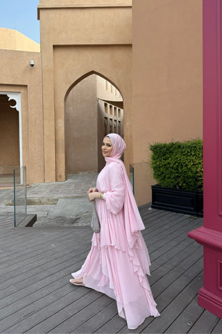 Reglan Kollu Eteği Kat Volanlı Şifon Elbise Pembe