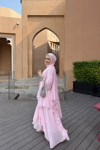 Reglan Kollu Eteği Kat Volanlı Şifon Elbise Pembe