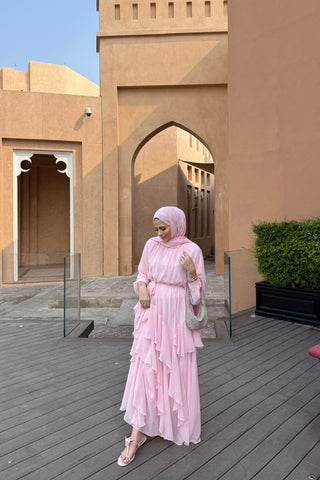 Reglan Kollu Eteği Kat Volanlı Şifon Elbise Pembe