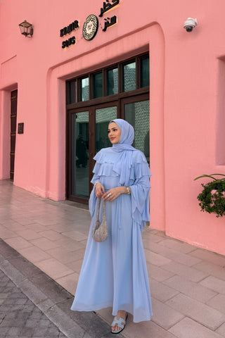 Robadan Fırfır Detaylı Biye Kemerli Şifon Elbise Mavi