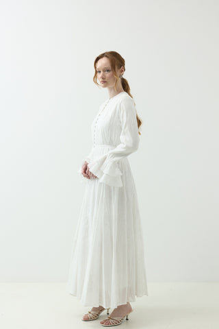 Ekru Düğme Detaylı Modal Brode Elbise