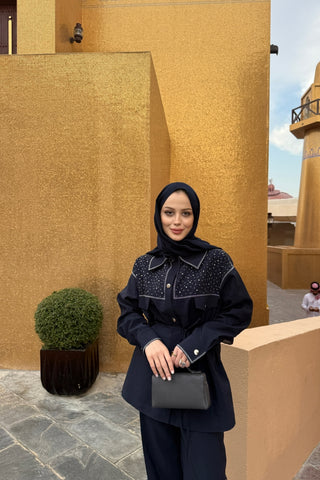 Robası Taş Detaylı Pantolon Gömlek Takım Lacivert