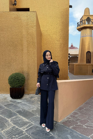 Robası Taş Detaylı Pantolon Gömlek Takım Lacivert