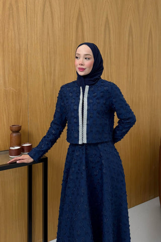 İnci Detaylı Mini Ceket Etek Takım Lacivert