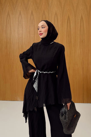 Asimetrik Kesim Tunik Pantolon Takım Siyah
