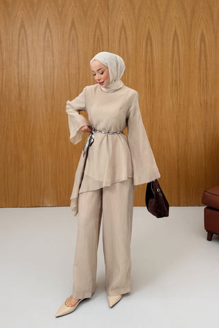 Asimetrik Kesim Tunik Pantolon Takım Bej