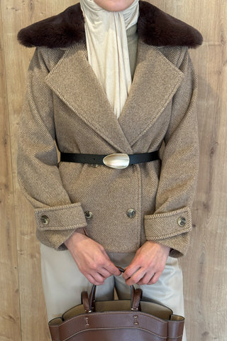 Bej Kürk Yakalı Balık Sırtı Kaşe Kaban