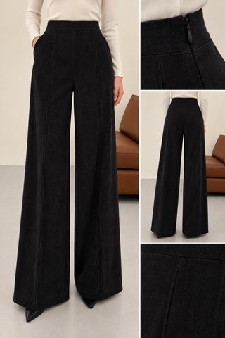 Yüksek Bel Çımalı Bol Paça Pantolon Siyah