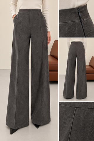 Yüksek Bel Çımalı Bol Paça Pantolon Gri