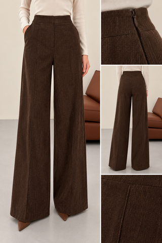 Yüksek Bel Çımalı Bol Paça Pantolon Kahverengi