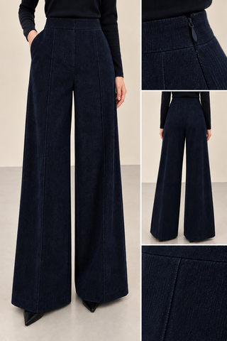 Yüksek Bel Çımalı Bol Paça Pantolon Lacivert