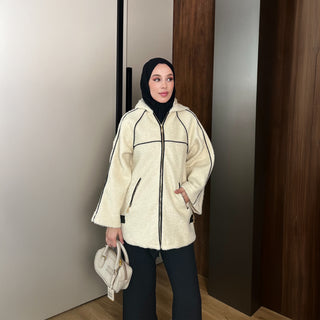 Taş Rengi Kıvırcık Kumaş Deri Biyeli Fermuarlı Mont