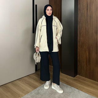 Taş Rengi Kıvırcık Kumaş Deri Biyeli Fermuarlı Mont