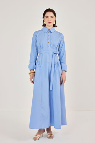 Korsaj Detaylı Poplin Elbise Mavi