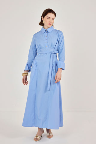 Korsaj Detaylı Poplin Elbise Mavi