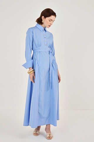 Korsaj Detaylı Poplin Elbise Mavi