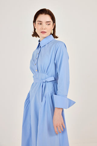 Korsaj Detaylı Poplin Elbise Mavi