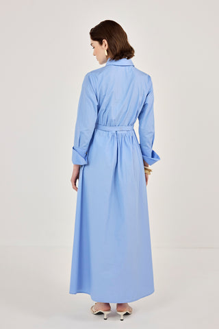 Korsaj Detaylı Poplin Elbise Mavi