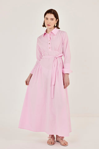 Korsaj Detaylı Poplin Elbise Pembe