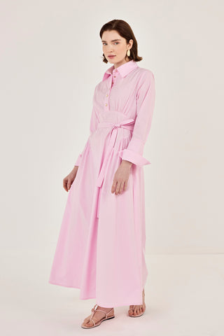 Korsaj Detaylı Poplin Elbise Pembe