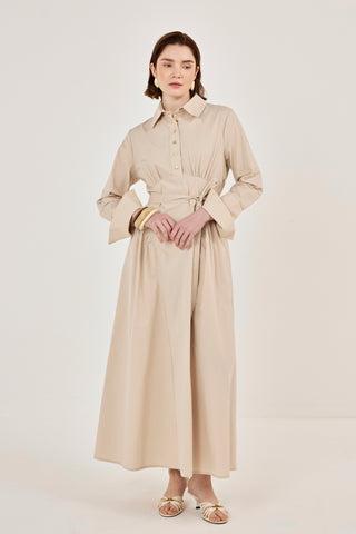 Korsaj Detaylı Poplin Elbise Bej