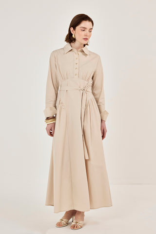 Korsaj Detaylı Poplin Elbise Bej