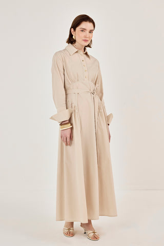 Korsaj Detaylı Poplin Elbise Bej