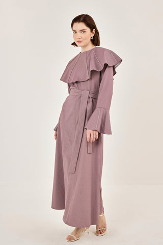 Pelerin Detaylı Taşlı Gabardin Elbise Gül