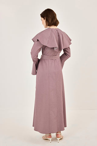 Pelerin Detaylı Taşlı Gabardin Elbise Gül