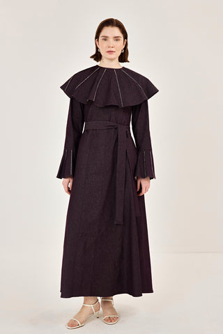 Pelerin Detaylı Taşlı Gabardin Elbise Burgonya