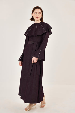 Pelerin Detaylı Taşlı Gabardin Elbise Burgonya