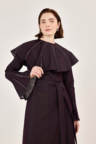 Pelerin Detaylı Taşlı Gabardin Elbise Burgonya