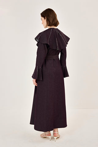 Pelerin Detaylı Taşlı Gabardin Elbise Burgonya