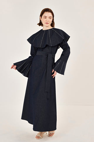 Pelerin Detaylı Taşlı Gabardin Elbise Lacivert