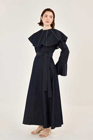 Pelerin Detaylı Taşlı Gabardin Elbise Lacivert