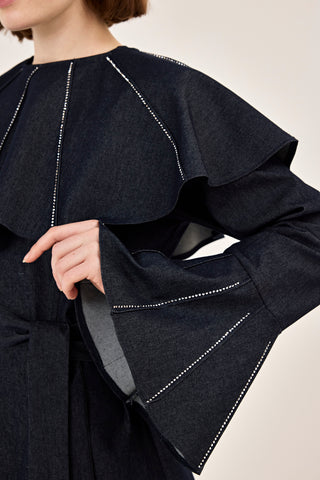 Pelerin Detaylı Taşlı Gabardin Elbise Lacivert