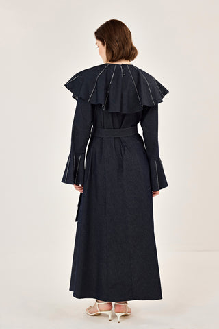 Pelerin Detaylı Taşlı Gabardin Elbise Lacivert