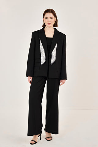 Fular Detaylı Ceket Pantolon Takım Siyah
